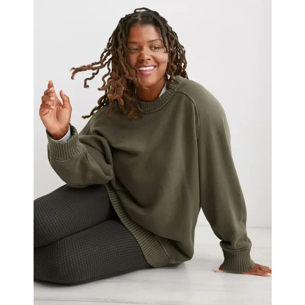 Aerie Olive Green Down To Earth Oversized Crewneck Sweatshirt Sz Small MSRP $59